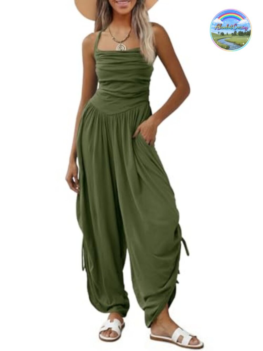 Fisoew Women's Halter Jumpsuit Wide Leg Side-Cinch Sleeveless Romper